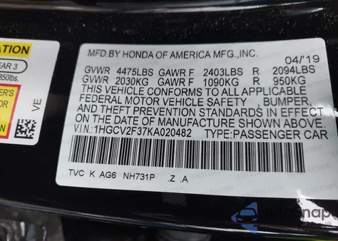 2019 Honda Accord Sport из США, поврежденный, VIN 1HGCV2F37KA020482